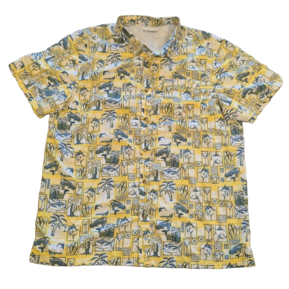 Men's Columbia PFG Casual Button Down Vented Mesh Fishing Shirt L Yellow Blue
